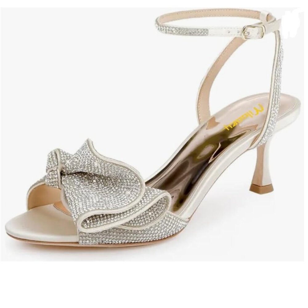 Milooey shoes White Glitter Rhinestone Bow Heeled Sandal Elegant Crystal Shoe